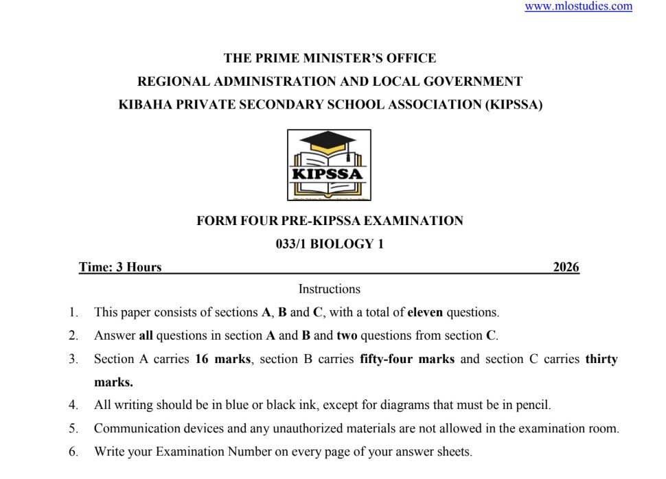 BIOLOGY FORM FOUR PRE-KIPSSA EXAMINATION