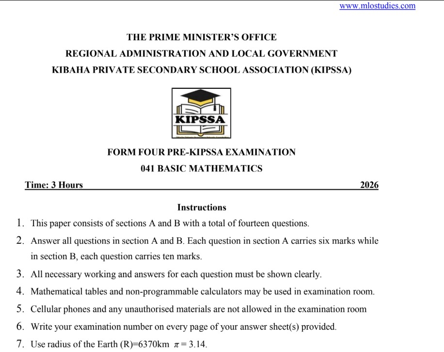 BASIC MATHEMATICS FORM FOUR PRE-KIPSSA EXAMINATION